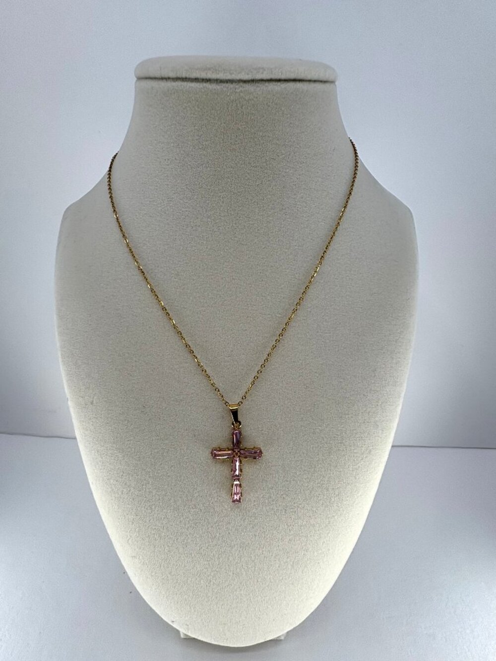 18K Gold Plated Stainless Steel Pink Crystal Cross Pendant 16+2" Necklace 3.33g